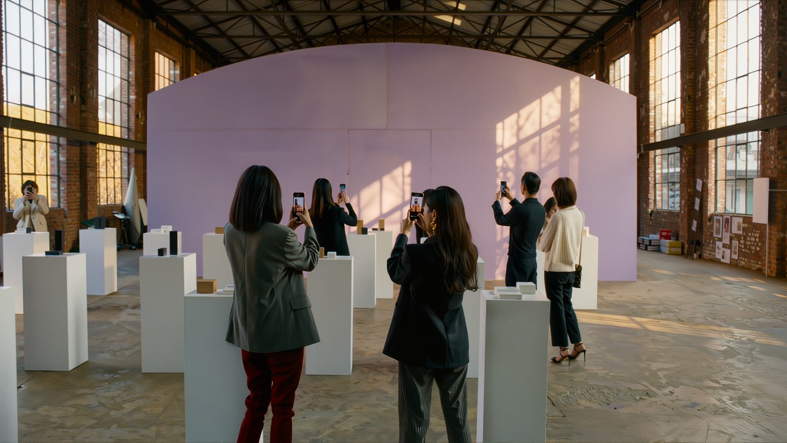 A brand pop-up store in a red-brick warehouse in Seongsu-dong — visitors taking photos in front of curved lavender walls and display stands
