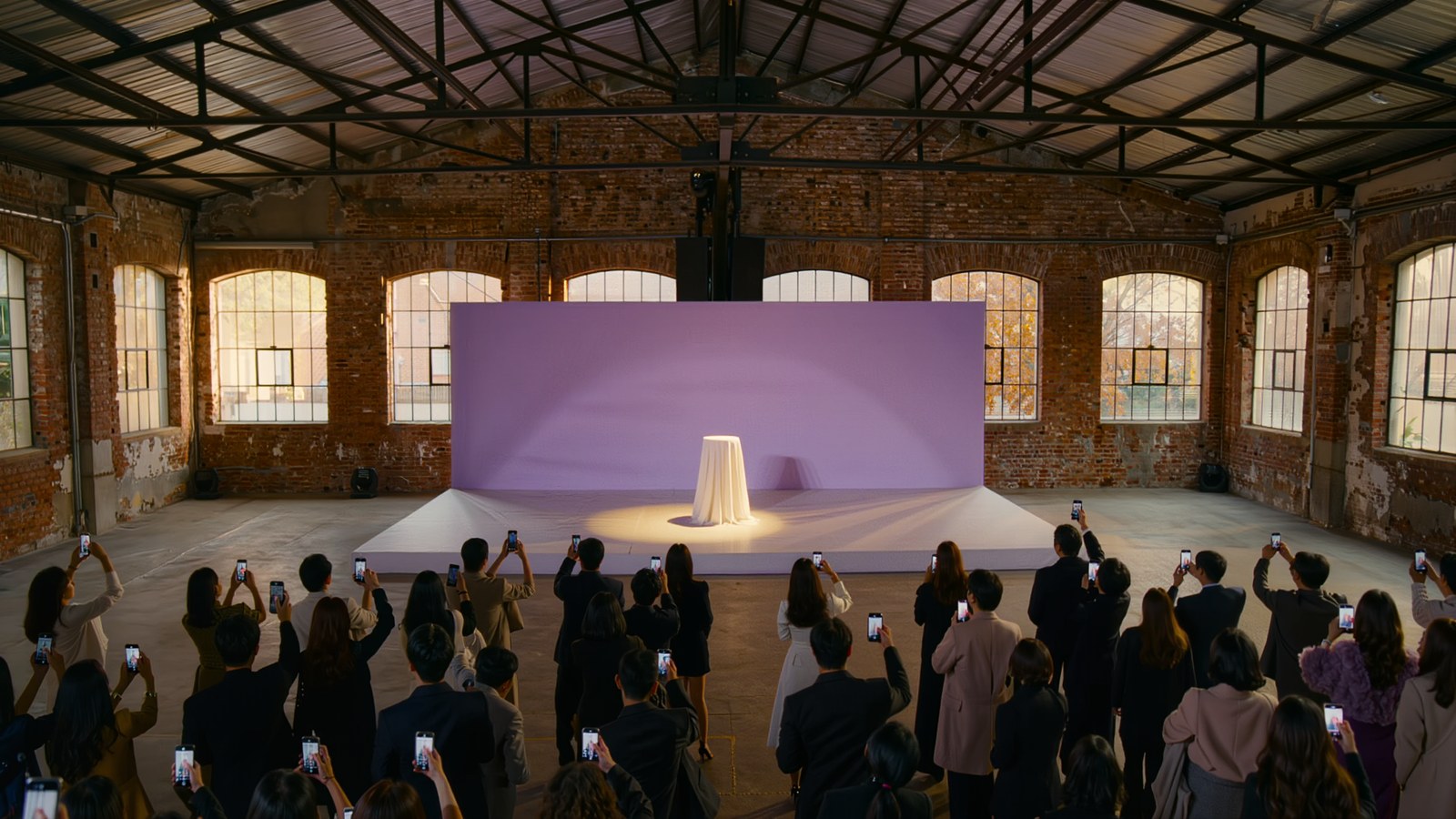 A launch showcase in a converted factory in Seongsu-dong — the audience filming a covered product pedestal on a lavender stage with their phones