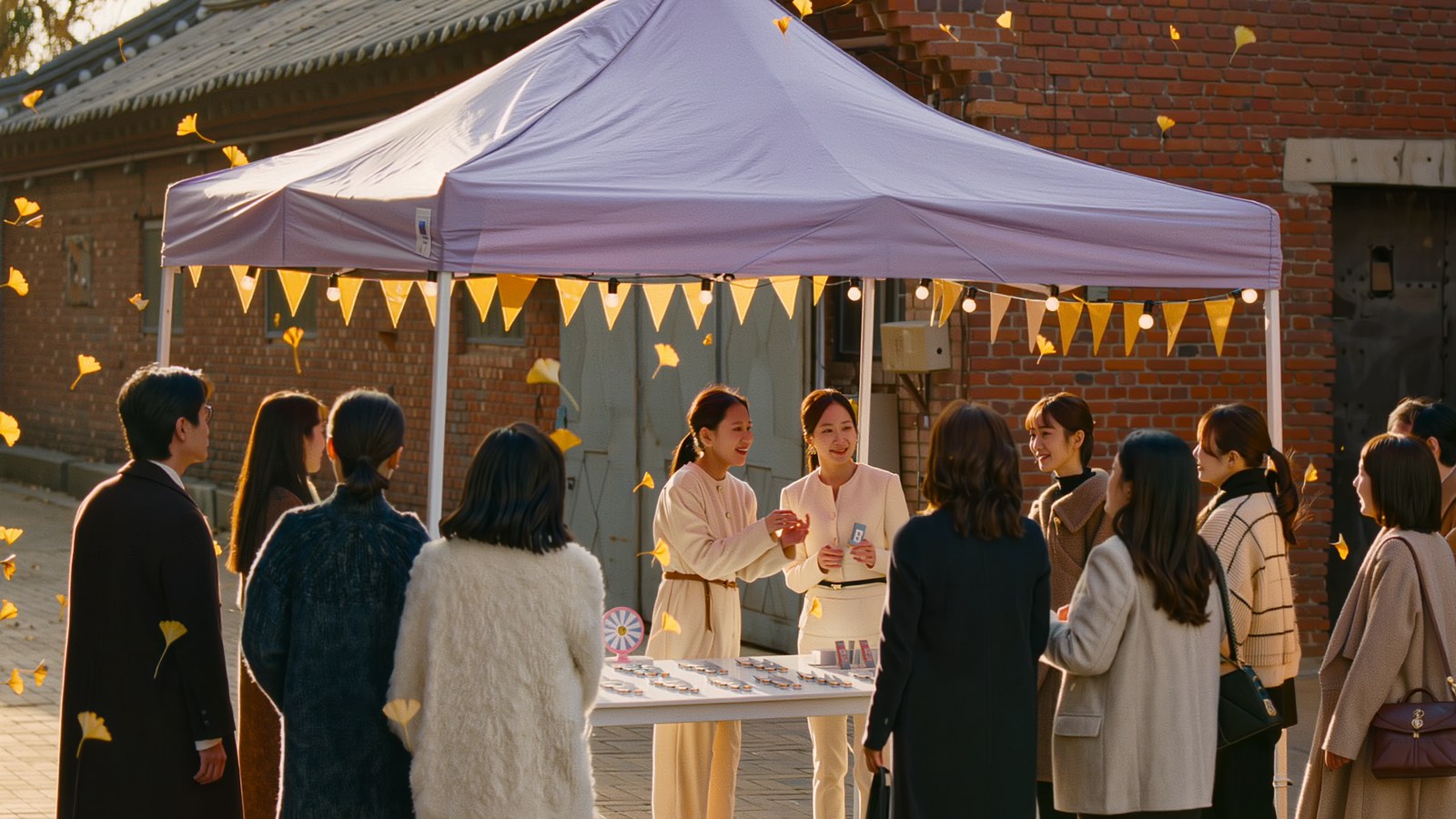 A brand booth at an outdoor festival on a red-brick street in Seongsu-dong — visitors lining up for samples under a lavender canopy and yellow flags