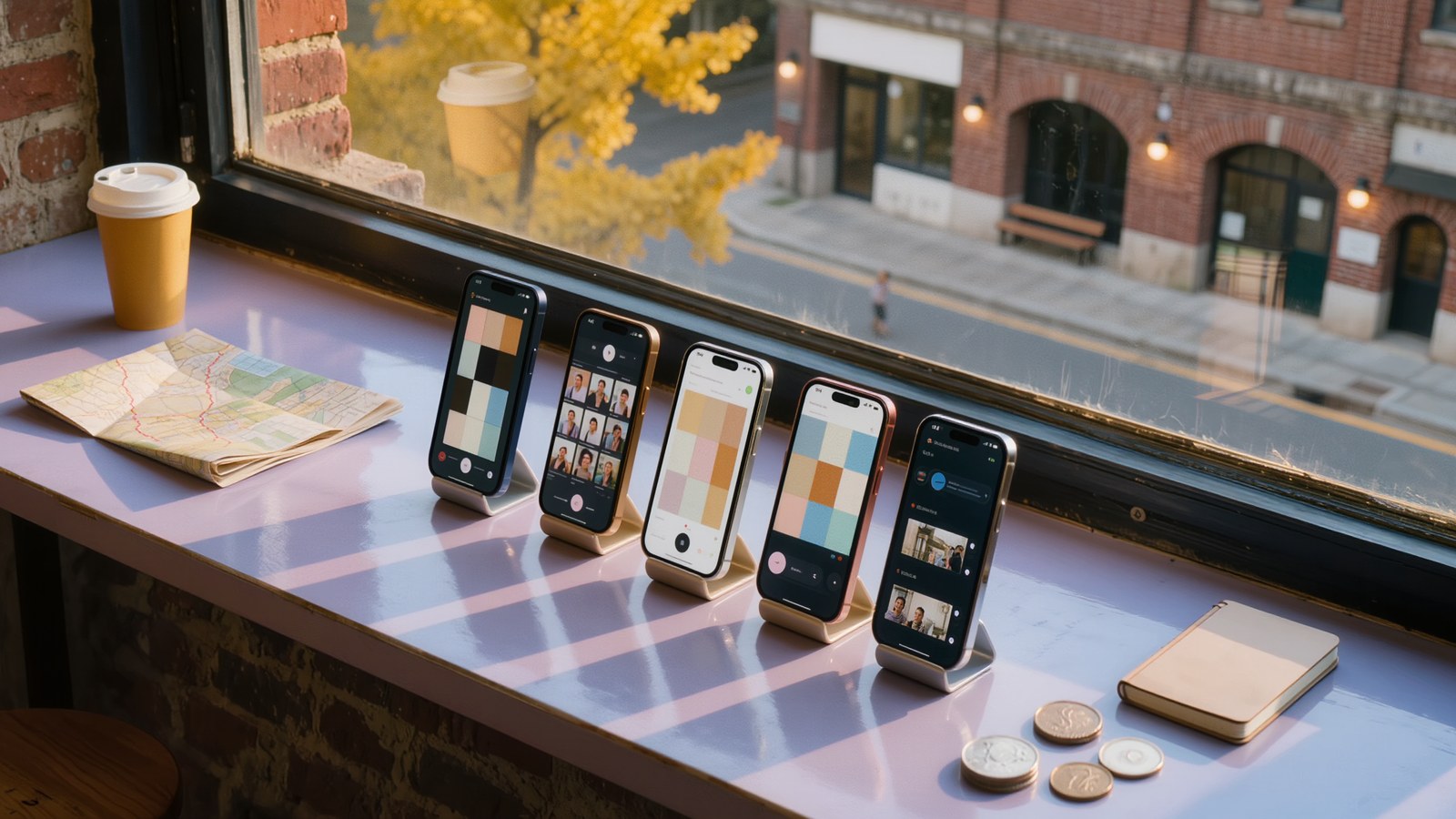 聖水洞のカフェのテーブルに並んだ5台のスマートフォン — 縦型動画・写真フィード・長尺動画などそれぞれ異なる画面と旅行小物