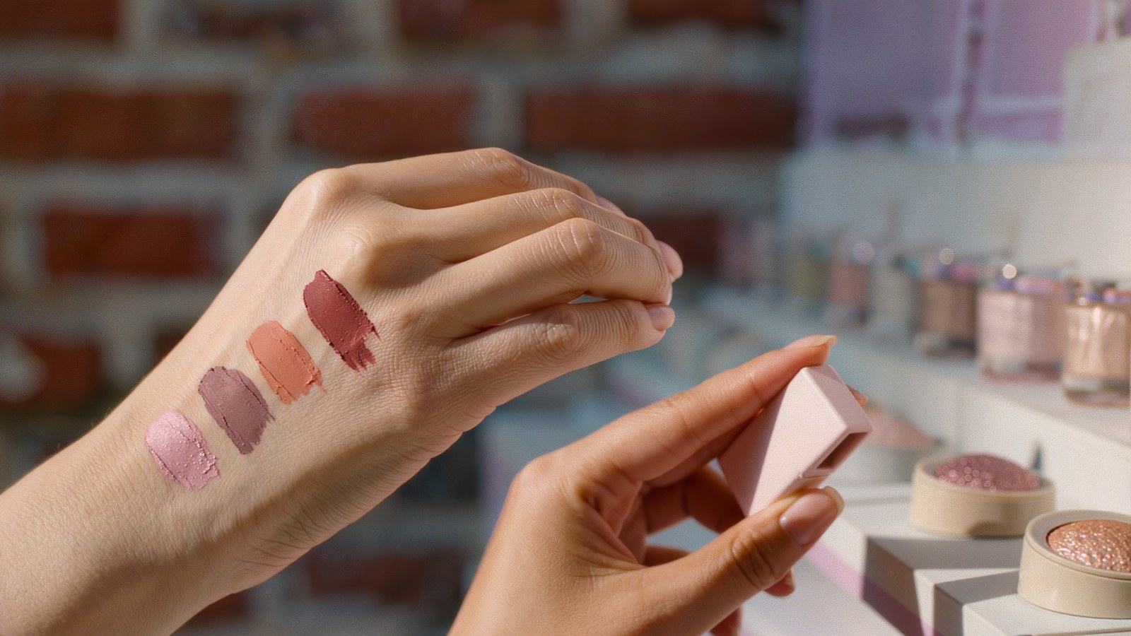 Mencoba warna lip dan eyeshadow di punggung tangan di depan rak tester sebuah toko kecantikan di Seongsu