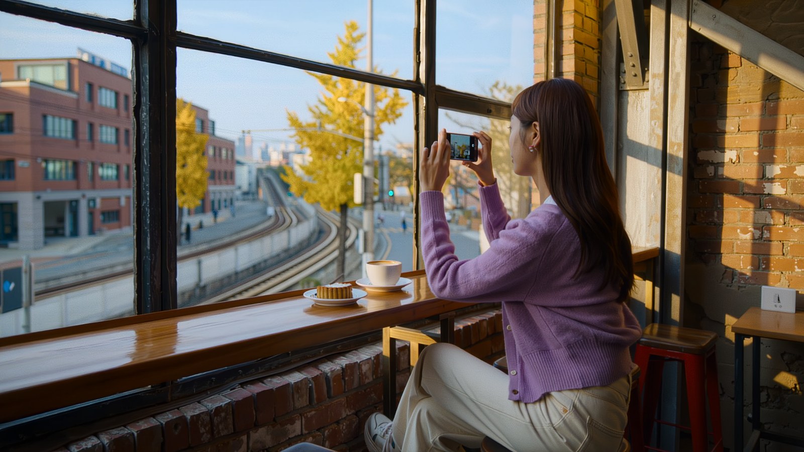 A Korean creator visiting a café in Seongsu-dong, filming desserts and coffee on a phone