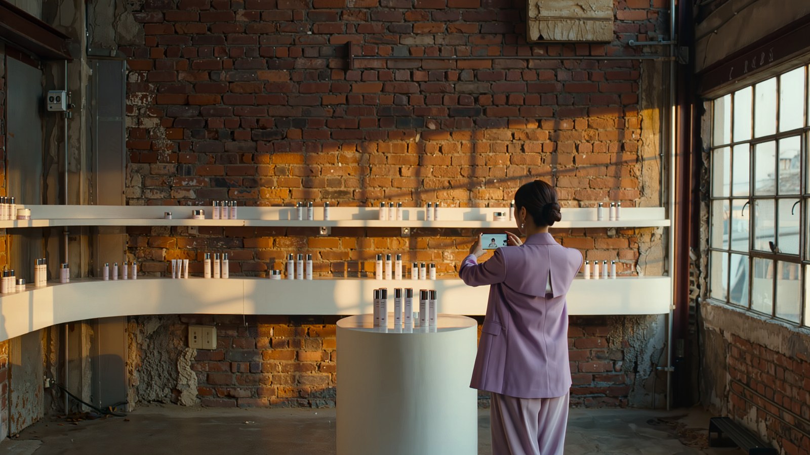 A creator filming a beauty display in a red-brick store in Seongsu-dong with a phone